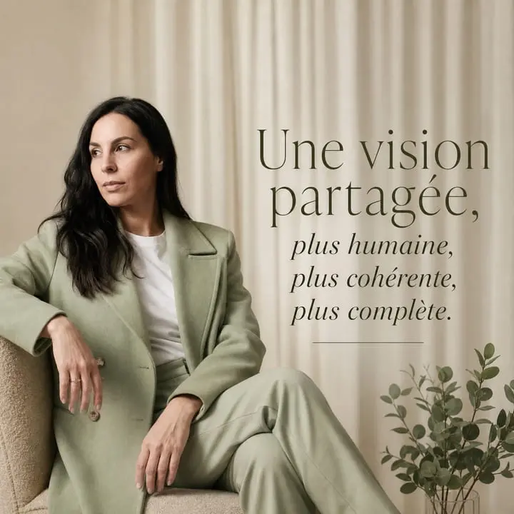 Wafa Mazouz assise fauteuil costume vert - Une vision partagée plus humaine plus cohérente plus complète